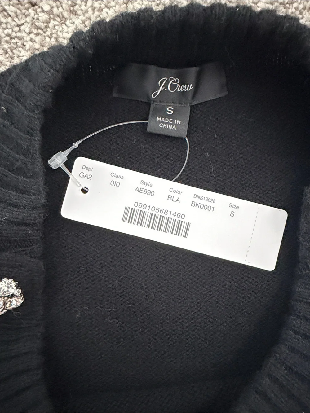 J. Crew Black Crewneck Sweater with Crystal Shoulder Buttons